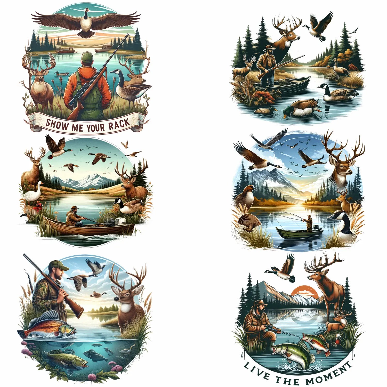 6 sheets Hunting Themed Iron-On Decals T-Shirt Heat Transfers for DIY, Deer, Fishing, Duck, T-Shirts, Masks, Jean, Backpack, Hat