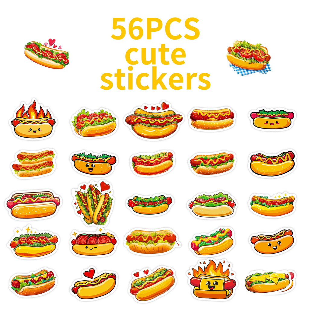 56PCS Cute Hot Dog Cartoon Stickers Smile Bread Sausage Hand drawn Food Decoration Children's Stationery Stickers