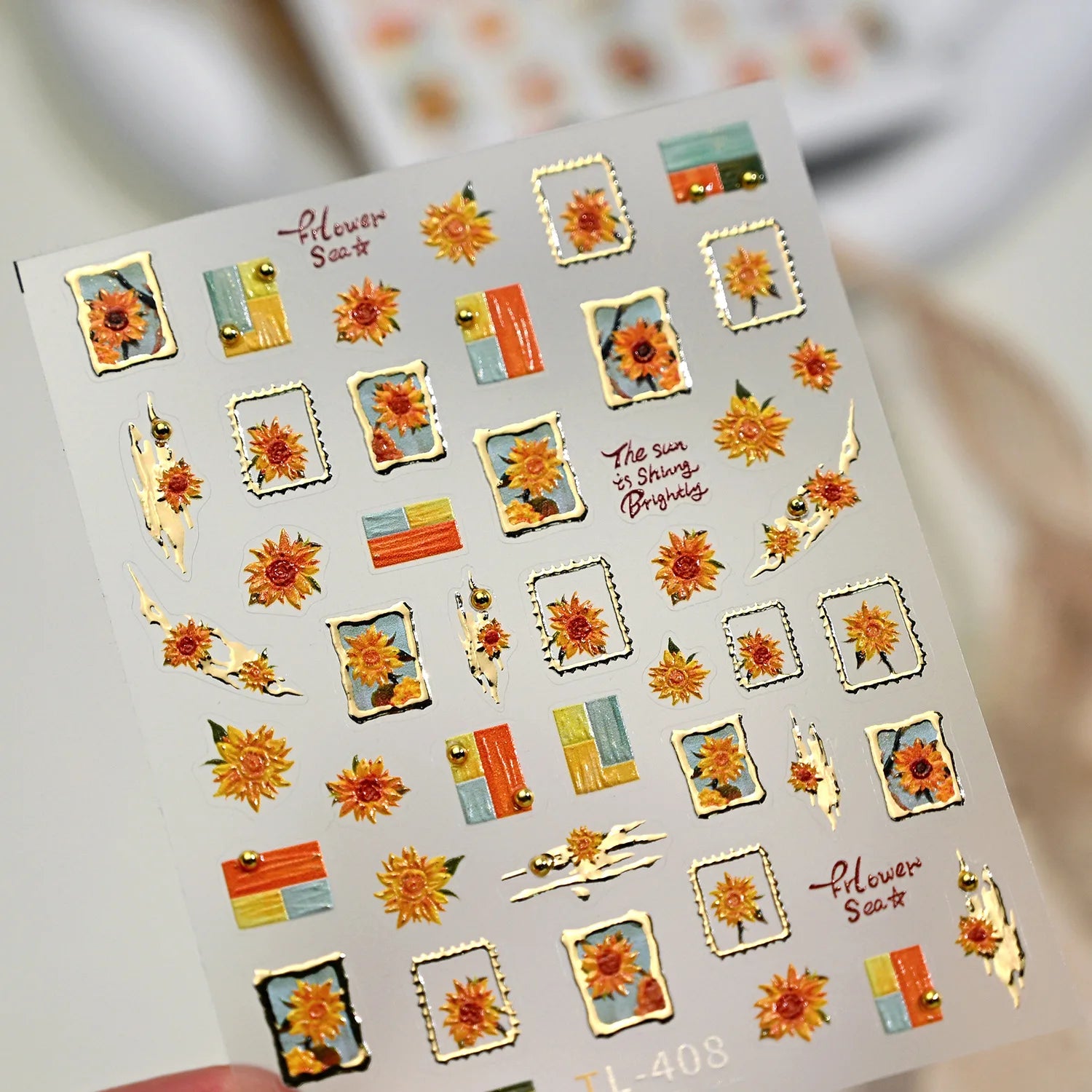 Golden Green Leaf Flower Nail Art Stickers Exqusitive 3D Five-petal Flower Nail Decorations DIY Adhesive Nail Decals Accessories