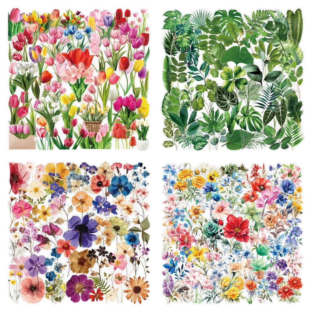 200PCS Transparent Plant Flower Leaf Stickers PET Decorative Water Cups Handbooks Phone Stationery Boxes Waterproof Stickers
