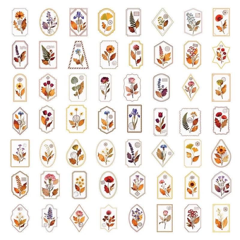 56PCS Vintage Autumn Flowers PET Phone Sticker Aesthetic Tear Open Decoration DIY Colored Laptop Luggage Graffiti Decals