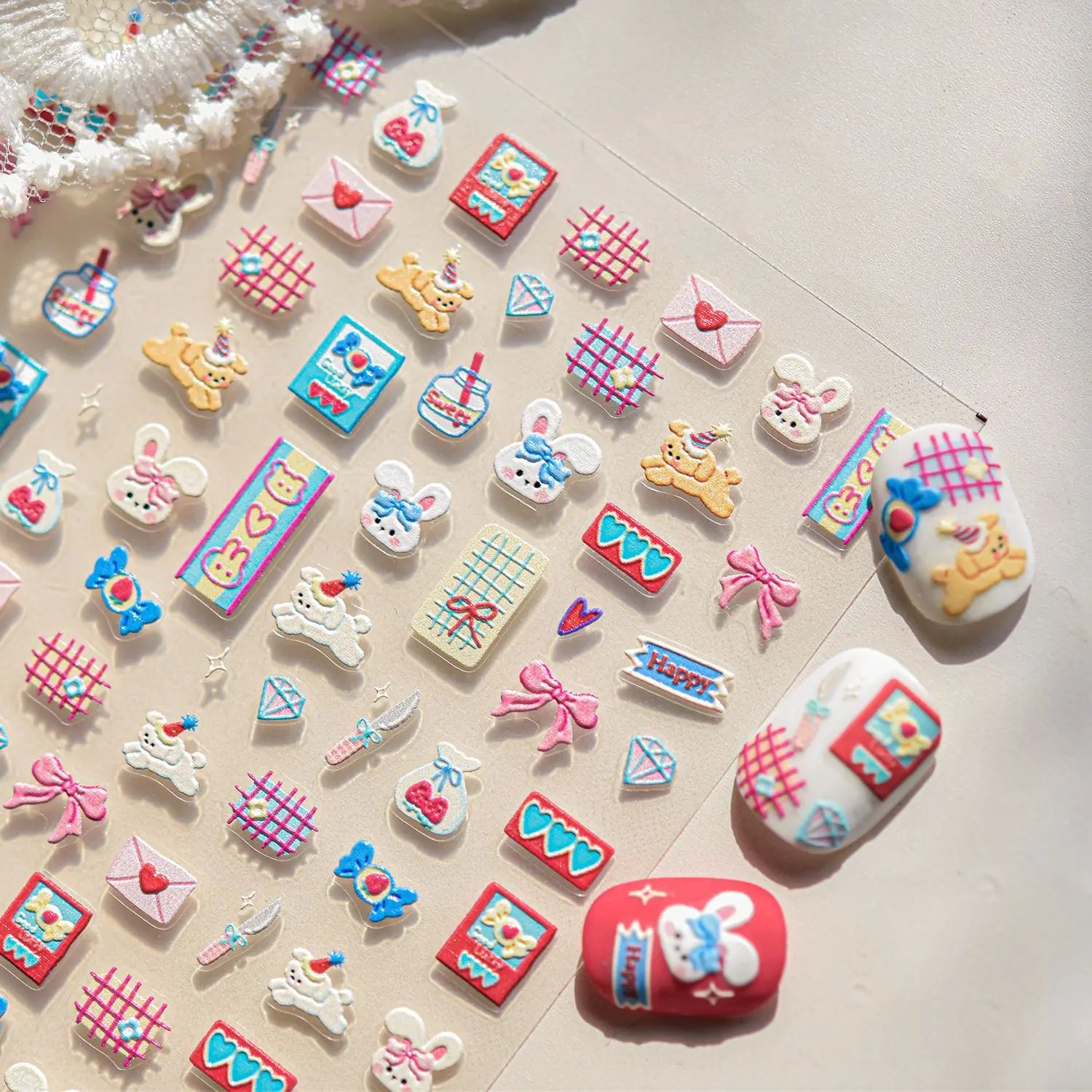 Cute Graffiti Nails Sticker 3D Simple Cat Claw Rabbit Bear Dog Flower Lovely Animal Fruit Adhesive 5D Embossed Nail Art Stickers