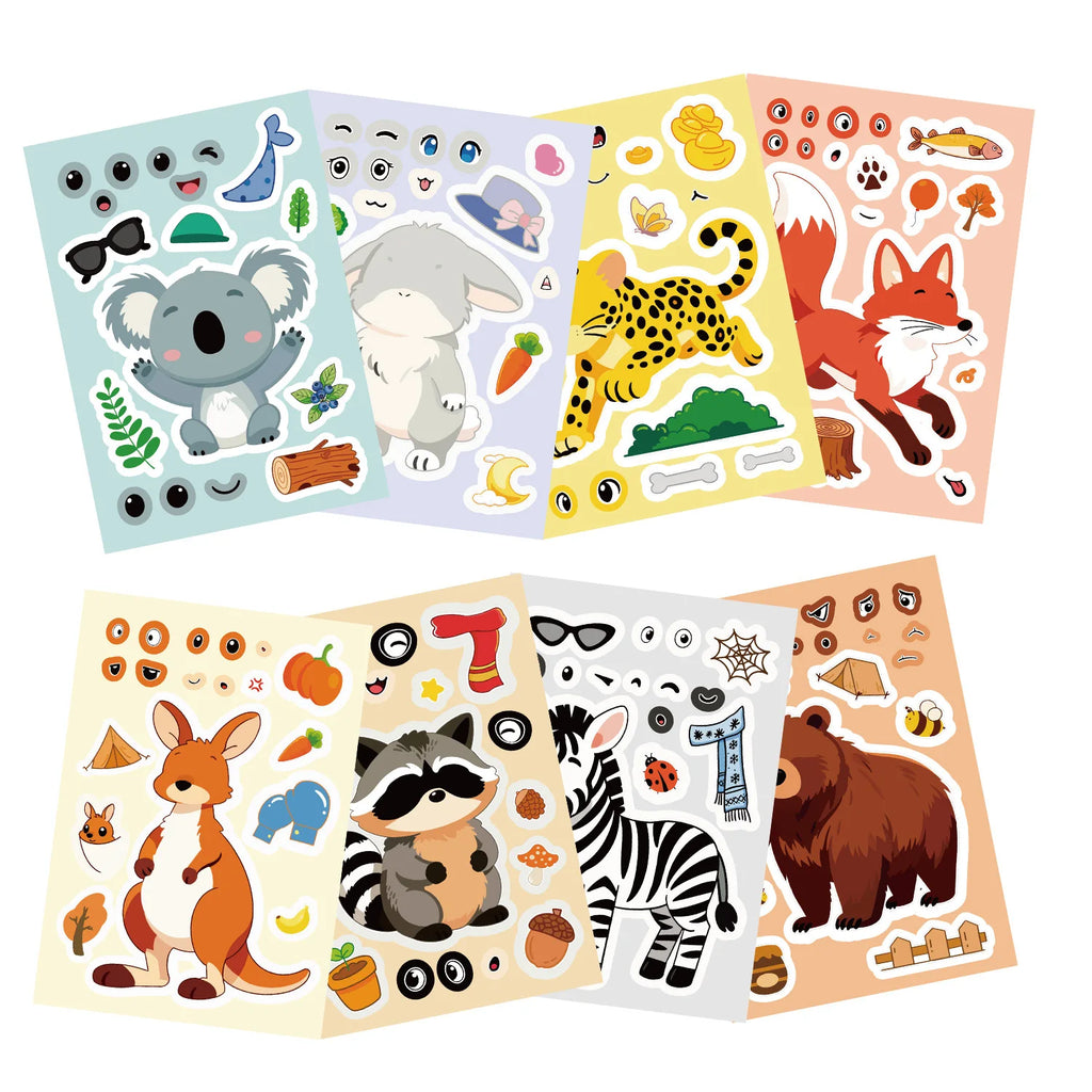 8/16/24PCS Puzzle Stickers Cute Cartoon Animals Make a Face Stickers DIY Handicrafts Stationery Stickers