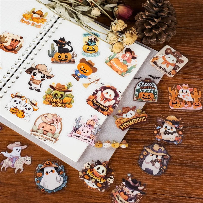 56PCS Cartoon Halloween PET Sticky Sticker Aesthetic Tear Open DIY Decoration Scrapbooking Sketchbook Supplies for Kids