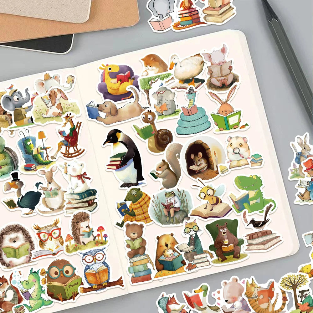 50/100PCS Animal Reading Animal Bookish Stickers Luggage, Computer, Mobile Phone, Helmet, Waterproof Stationery Stickers
