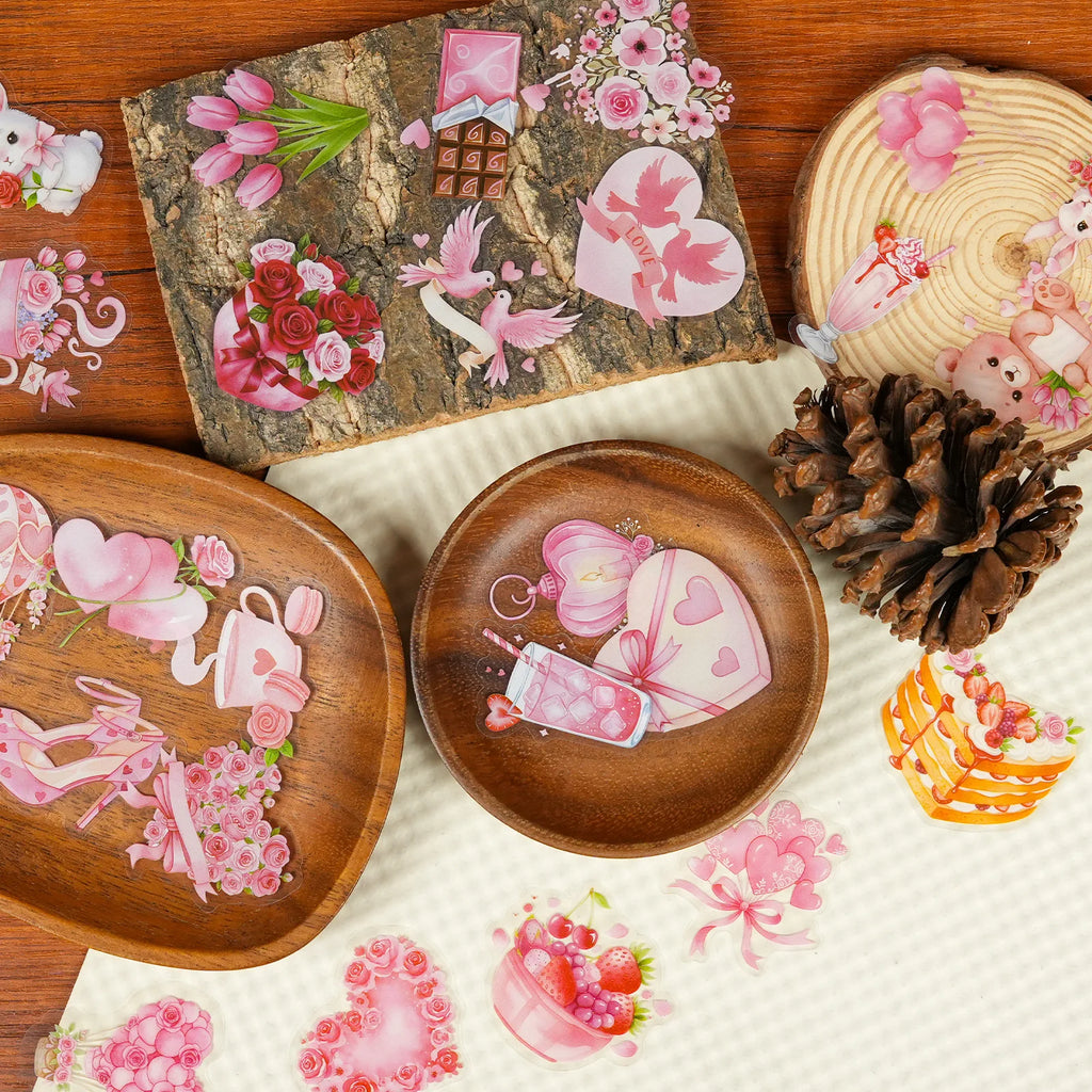 56/112PCS Pink Valentine's Day Cartoon Stickers Transparent PET High Beauty Festival Decorative Stickers