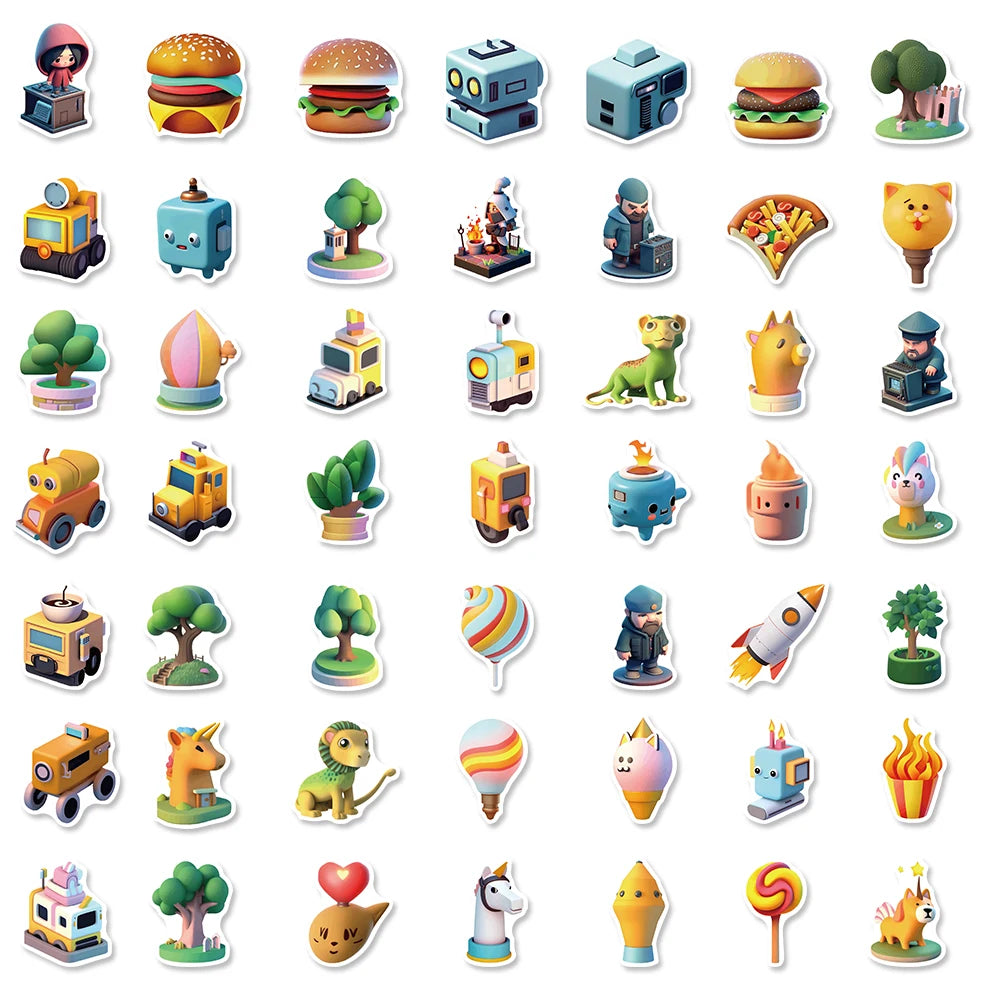 50PCS 3D Small Object Sticker Creative Waterproof Stationery Home Aesthetic PVC Reading Books Notebook Phone Car Stickers ﻿