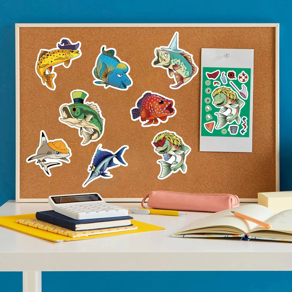 8/16/24PCS Puzzle Stickers Cartoon Fishing Make a Face Stickers DIY Handicrafts Waterproof Stationery Stickers