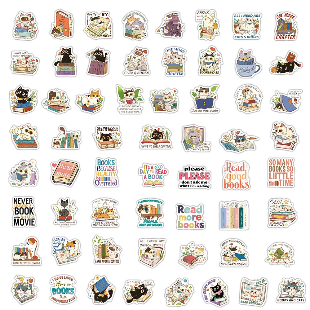 60PCS Reading Cat and Book Stickers Computer Decoration Luggage Stickers Handbooks Cute Series Materials Waterproof Stickers