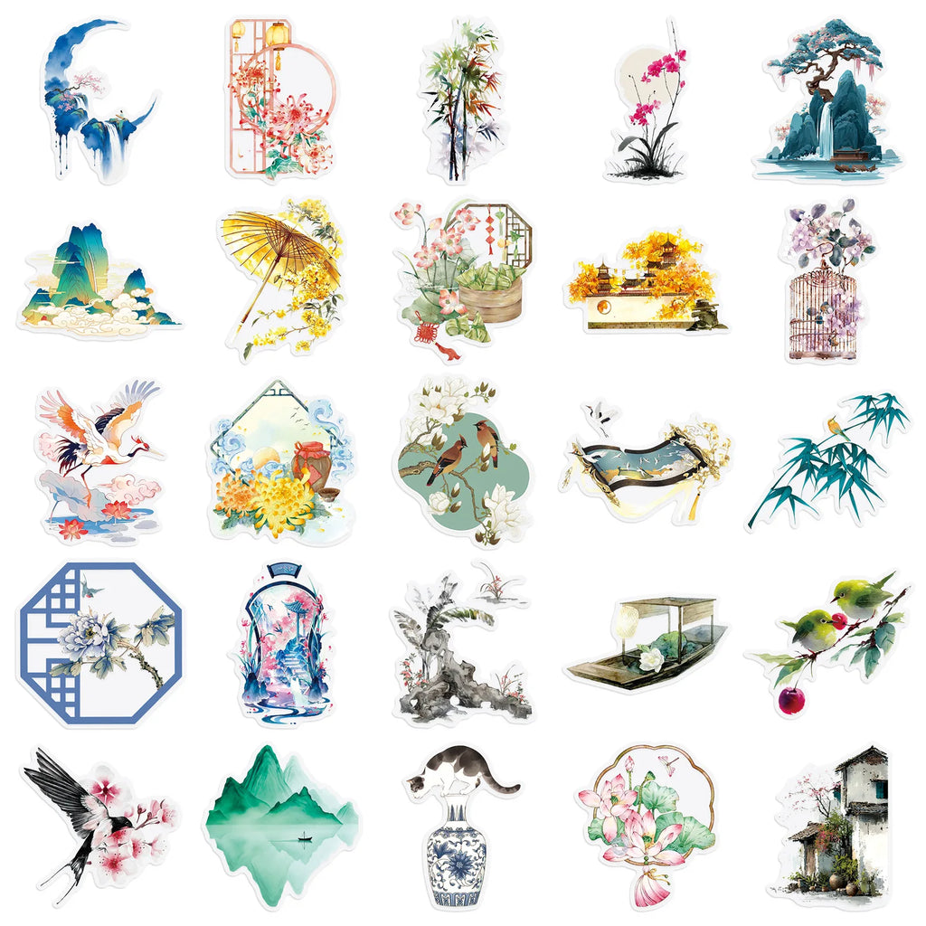 50/100PCS Chinese Style Element Stickers Retro Ink Graffiti Transparent PET DIY Decor Waterproof Stationery Notebook Stickers