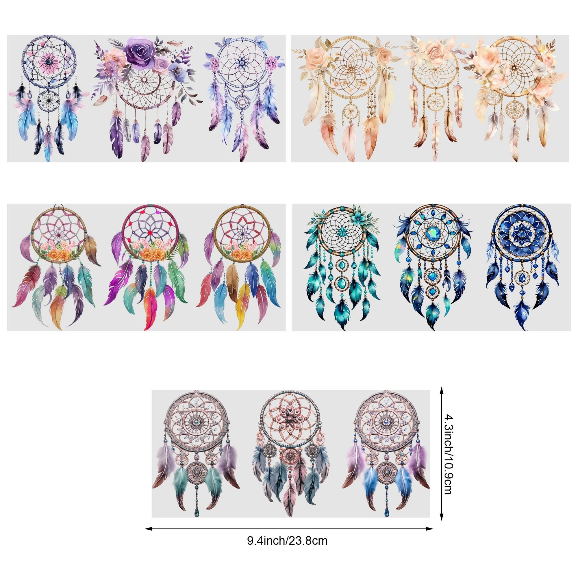 5 Sheets Dream Catcher UV DTF Cup Stickers, DTF Friction Transfer Stickers, Waterproof Transfer Stickers for 16 Ounces Glass Cup