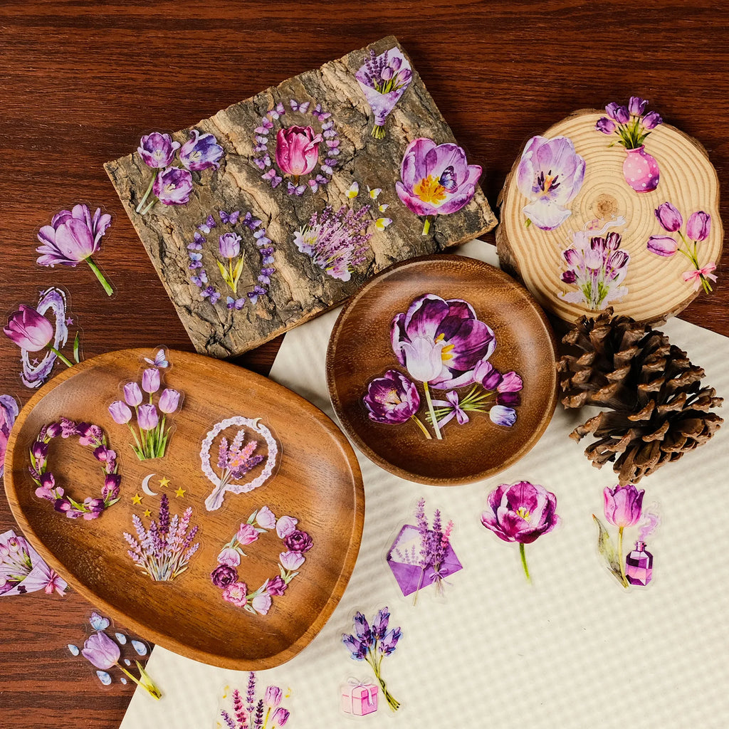 56PCS Dreamy Purple Tulip/Red Rose Art Transparent PET Stickers Heart shaped Bouquet Holiday Birthday Romantic Decor Sticker