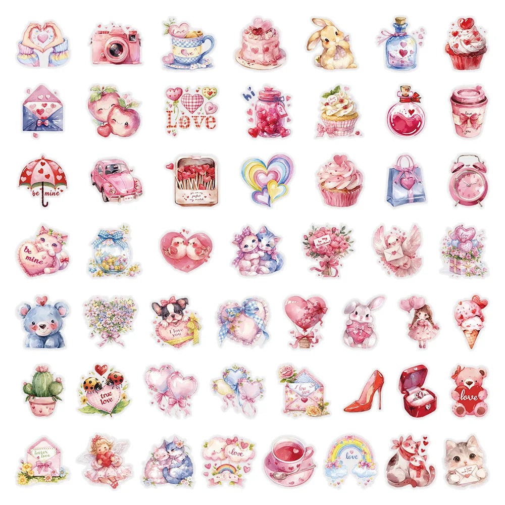50/100PCS PET Transparent Valentine's Day Stickers S Watercolor LOVE Love Creative Notebook Booklet Stationery Decor Stickers