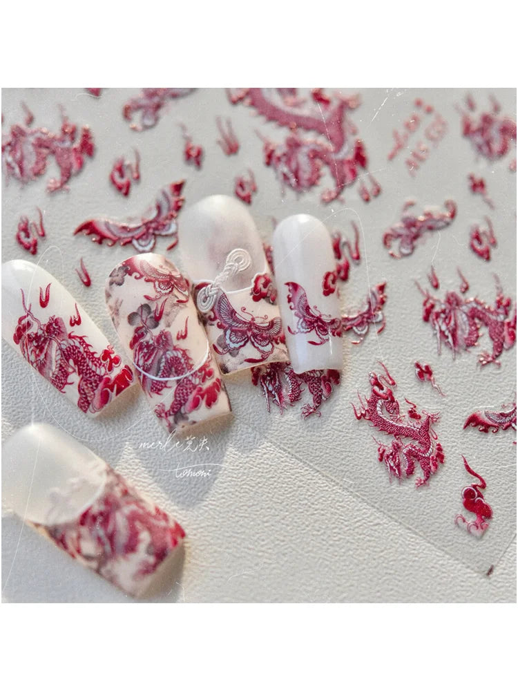 Retro Embroidered Dragon Red Porcelain Chinese 3D Embossed Relief Self Adhesive Nail Art Stickers Manicure Decorations Decal DIY