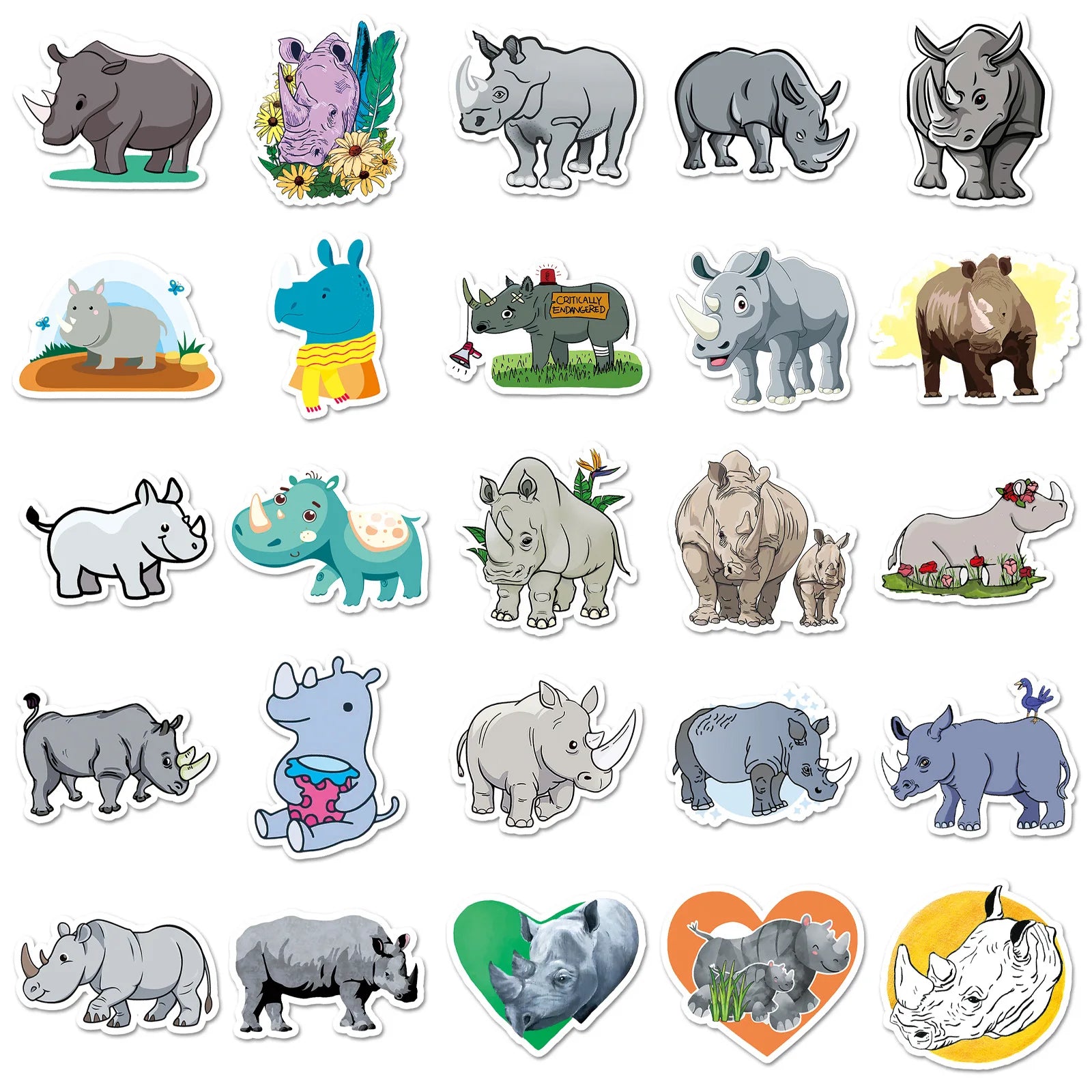 50-Pack Waterproof Rhino Cartoon Animal Graffiti Stickers for DIY Notebook Mobile Phone Luggage Decoration
