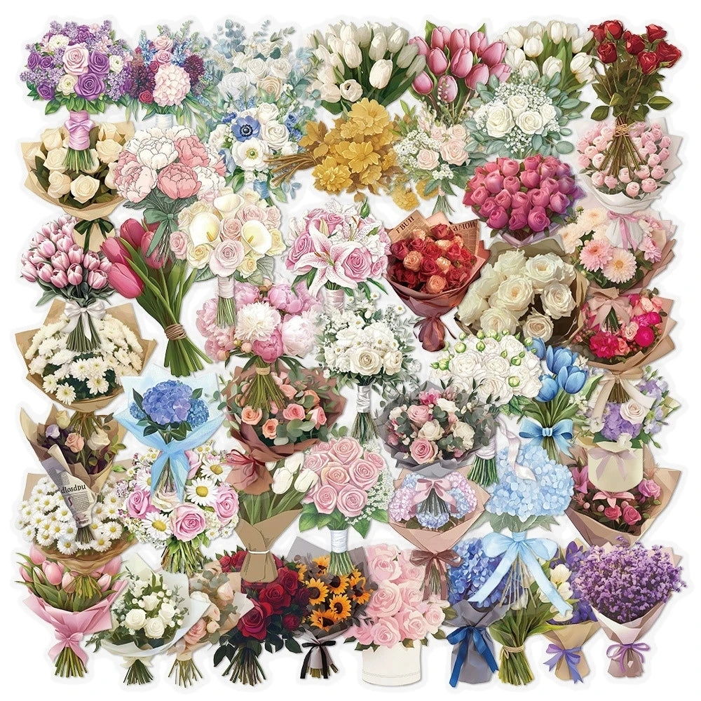 Variety of 50PCS Retro Long Branch Flower Stickers Transparent Waterproof DIY Stationary Notebook Art Stickers