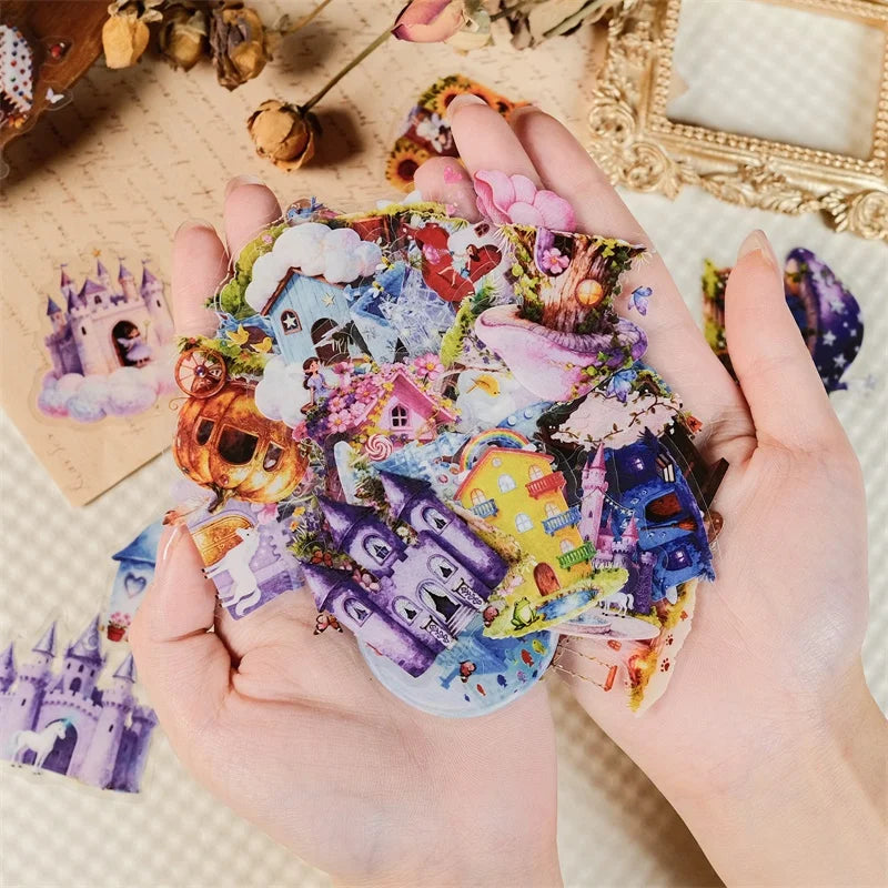 56PCS Fairy Tale Mushroom PET Sticky Sticker Aesthetic Tear Open DIY Decoration Scrapbooking Stationery Supplies for Kids