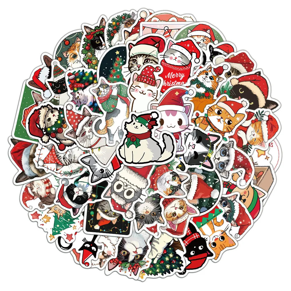 50PCS Cute Christmas Cartoon Cat Fun Stickers DIY Manual Scrapbook Fixed Phone Laptop Stickers Toy