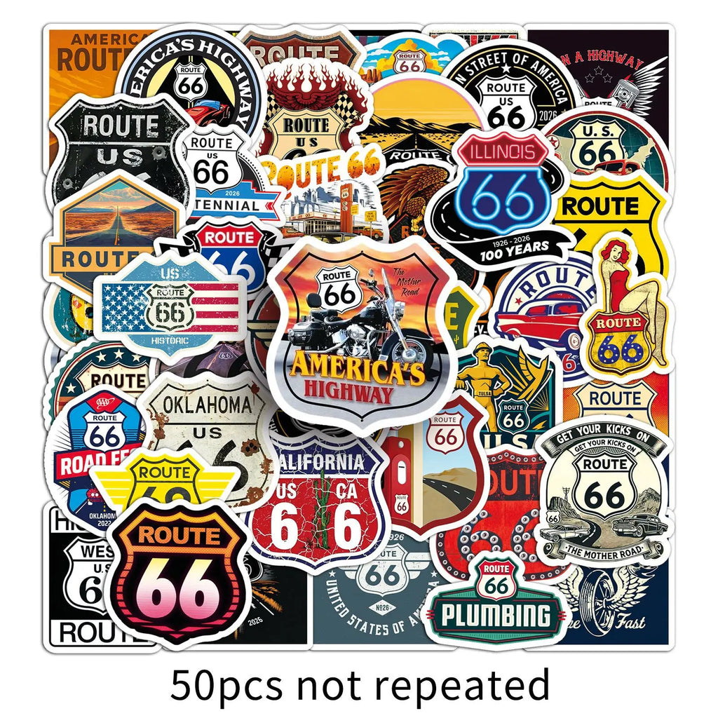 50PCS Classic US Route 66 Stickers, Student Stationery Laptop Helmet Skateboard Decorative Art Waterproof Sticker