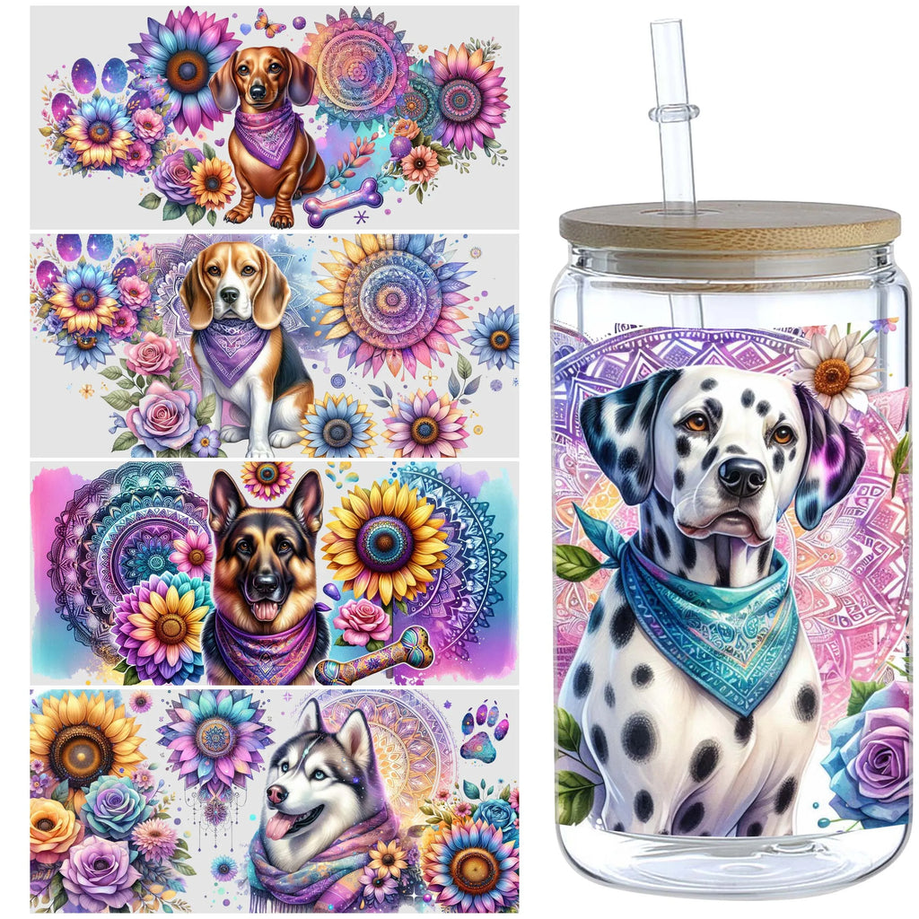 5 Sheets Sunflower Dog UV DTF Cup Stickers, Glass Cup DTF Transfer Stickers, Waterproof Funny Dog Wipeable Transfer Paper