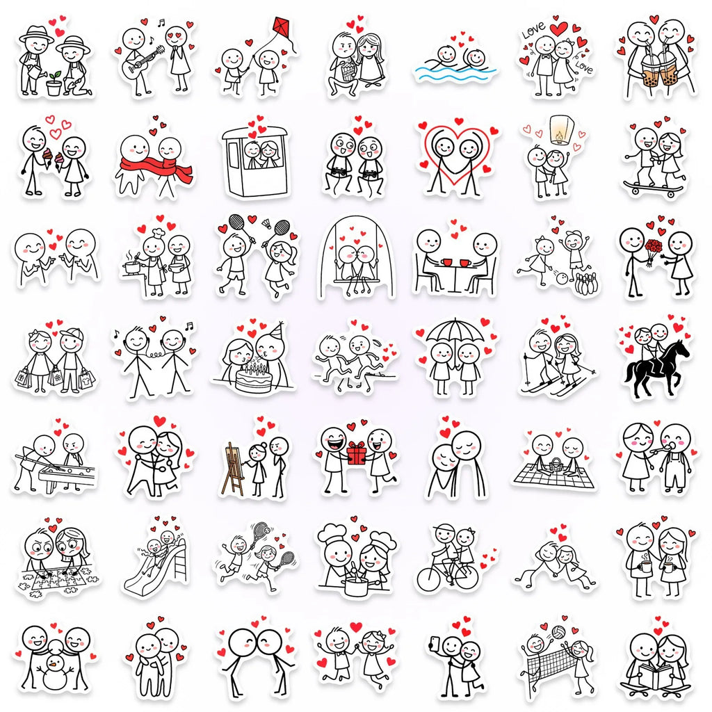 50/100 Pcs Minimalist Stick Figure Couple Heart Stickers for Atmosphere DIY Phone Laptop Window Wall Fridge Waterproof Decals