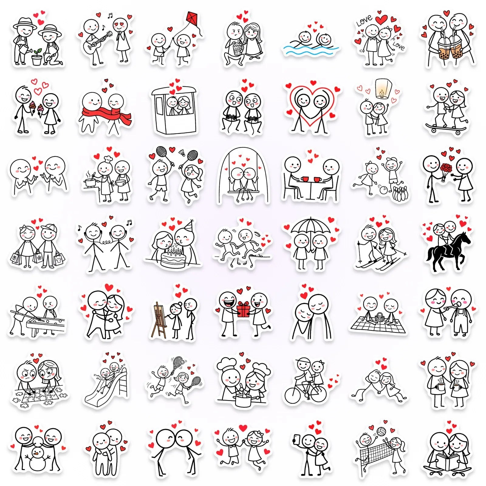 50/100 Pcs Minimalist Stick Figure Couple Heart Stickers for Atmosphere DIY Phone Laptop Window Wall Fridge Waterproof Decals