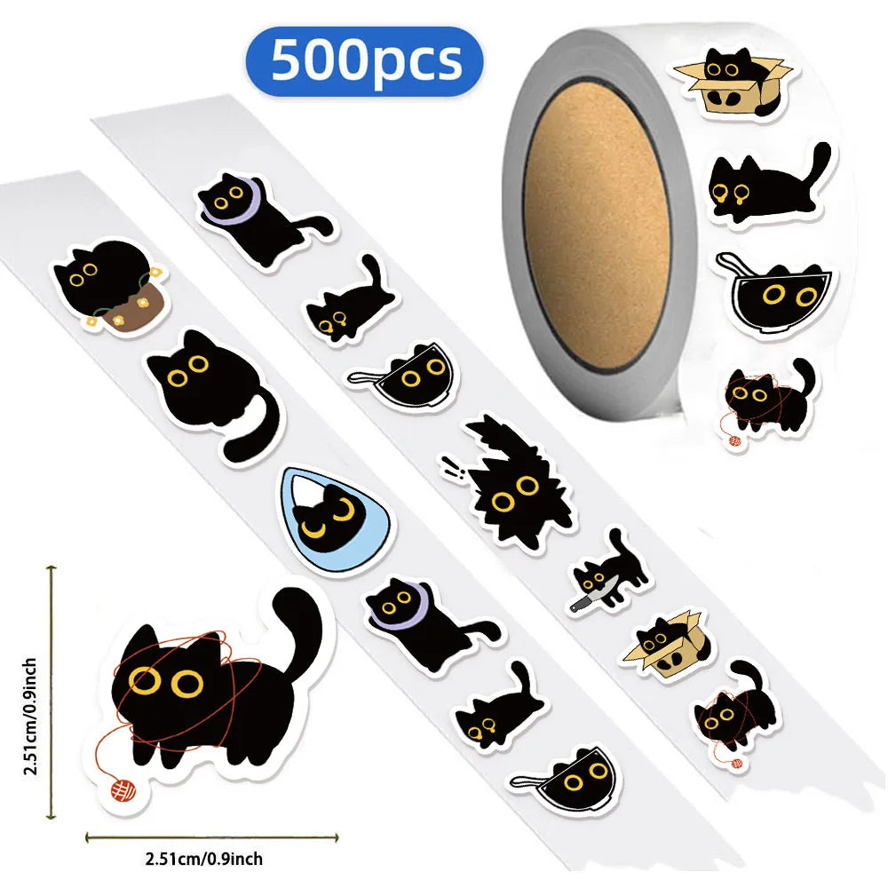 500PCS Cute Creative Black Cat Roll Stickers Small Pattern Decoration DIY Luggage Tablet Skateboarding Water Cup Toy Stickers