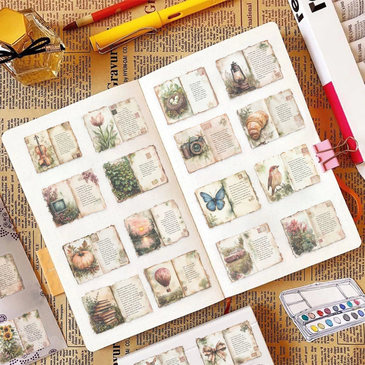 50/100 PCS Transparent PET Retro Watercolor Diary Sticker Pack Waterproof Decorative Guitar Notebook Water Cup Stickers