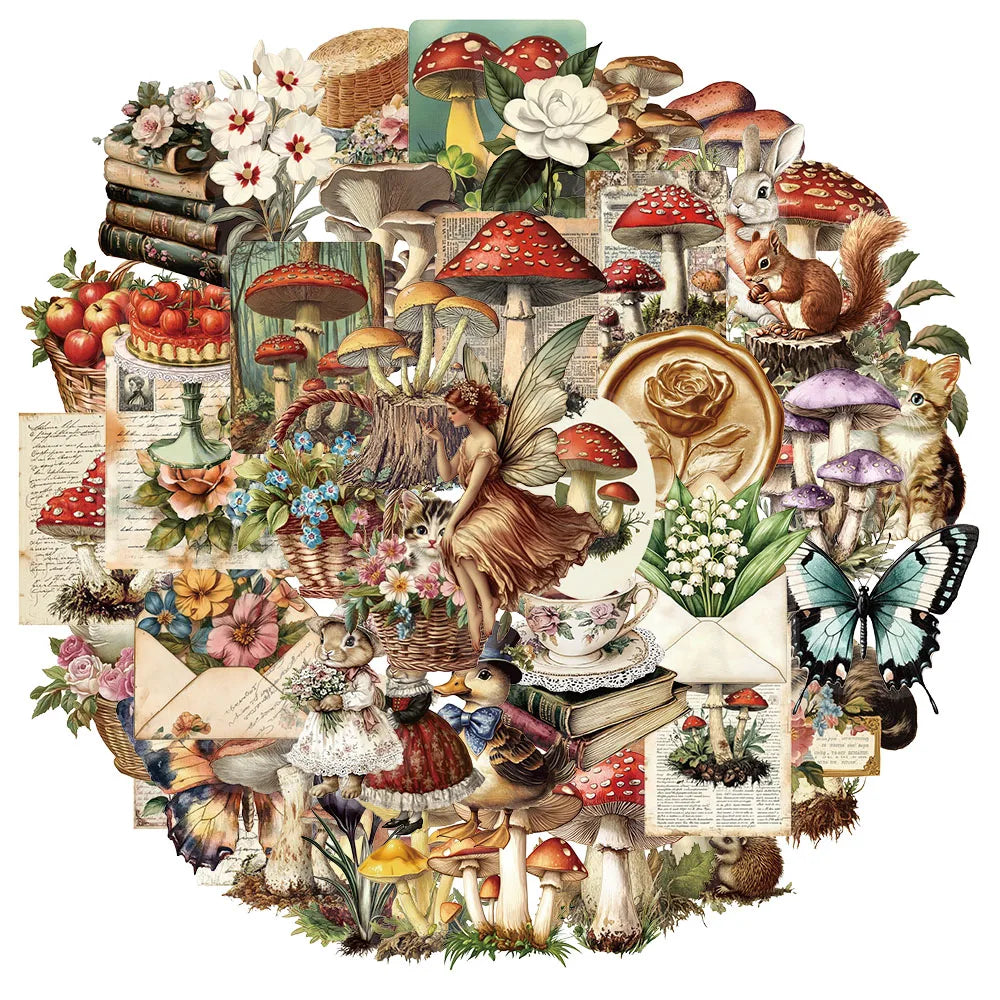 50PCS Retro Mushroom Fun Graffiti Stickers Handmade Account DIY Luggage Tablet PET Waterproof Toy Stickers