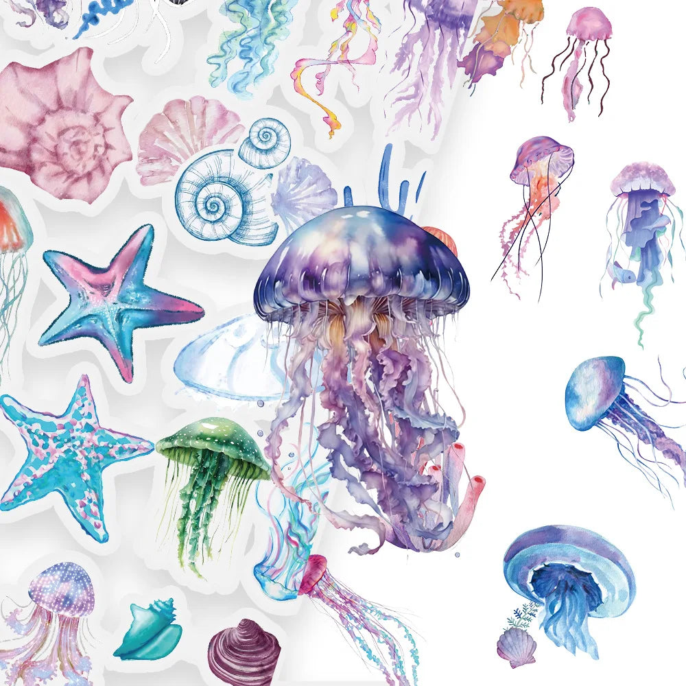 50PCS Set of Tropical Fish Graffiti Stickers Jellyfish Sea Star Shell Coral Stickers Decorative Frame DIY Waterproof Stickers