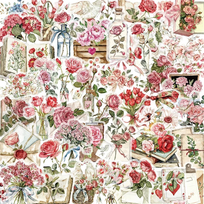 50PCS Vintage Rose Letter PET Sticky Sticker Aesthetic Korean Stationery DIY Decoration Scrapbooking School Supplies for Kids