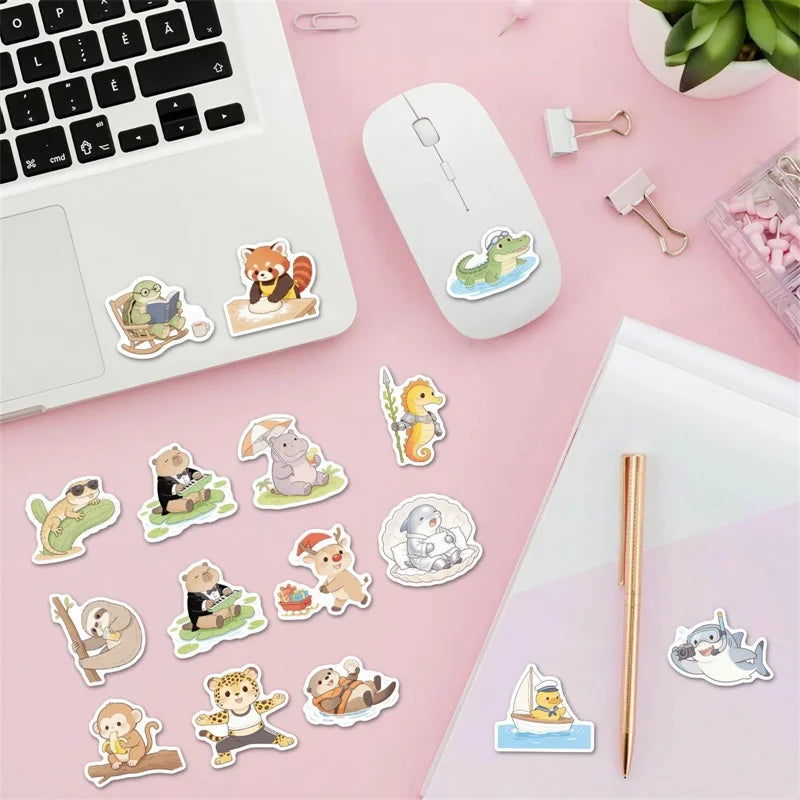10/30/56PCS Watercolor Animals PVC Sticky Sticker Stationery DIY Children's Laptop Luggage Skateboard Decoration Scrapbooking