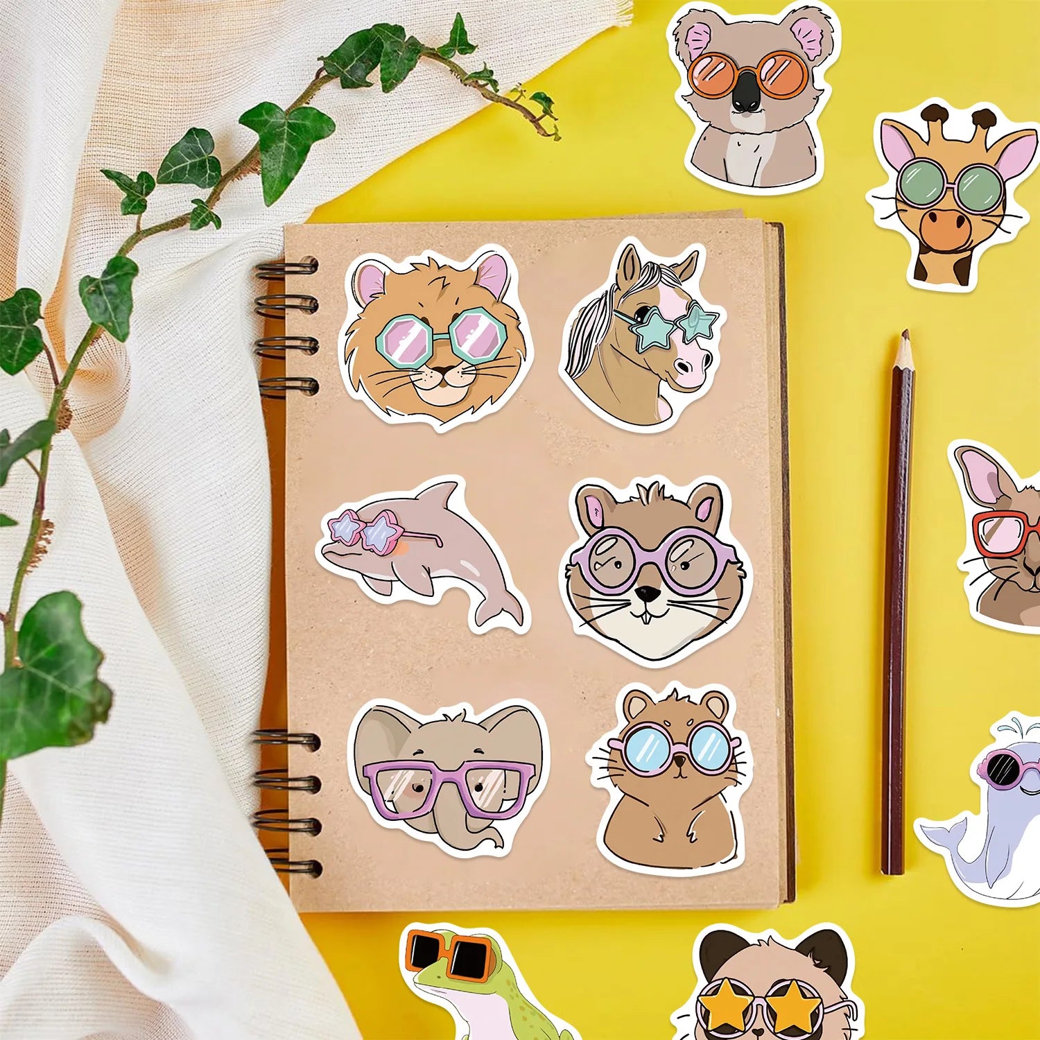 50/100PCS Cute Cartoon Glasses Wearing Animal Graffiti Stickers Decor Guitar Notebook Luggage DIY Waterproof Stationery Stickers