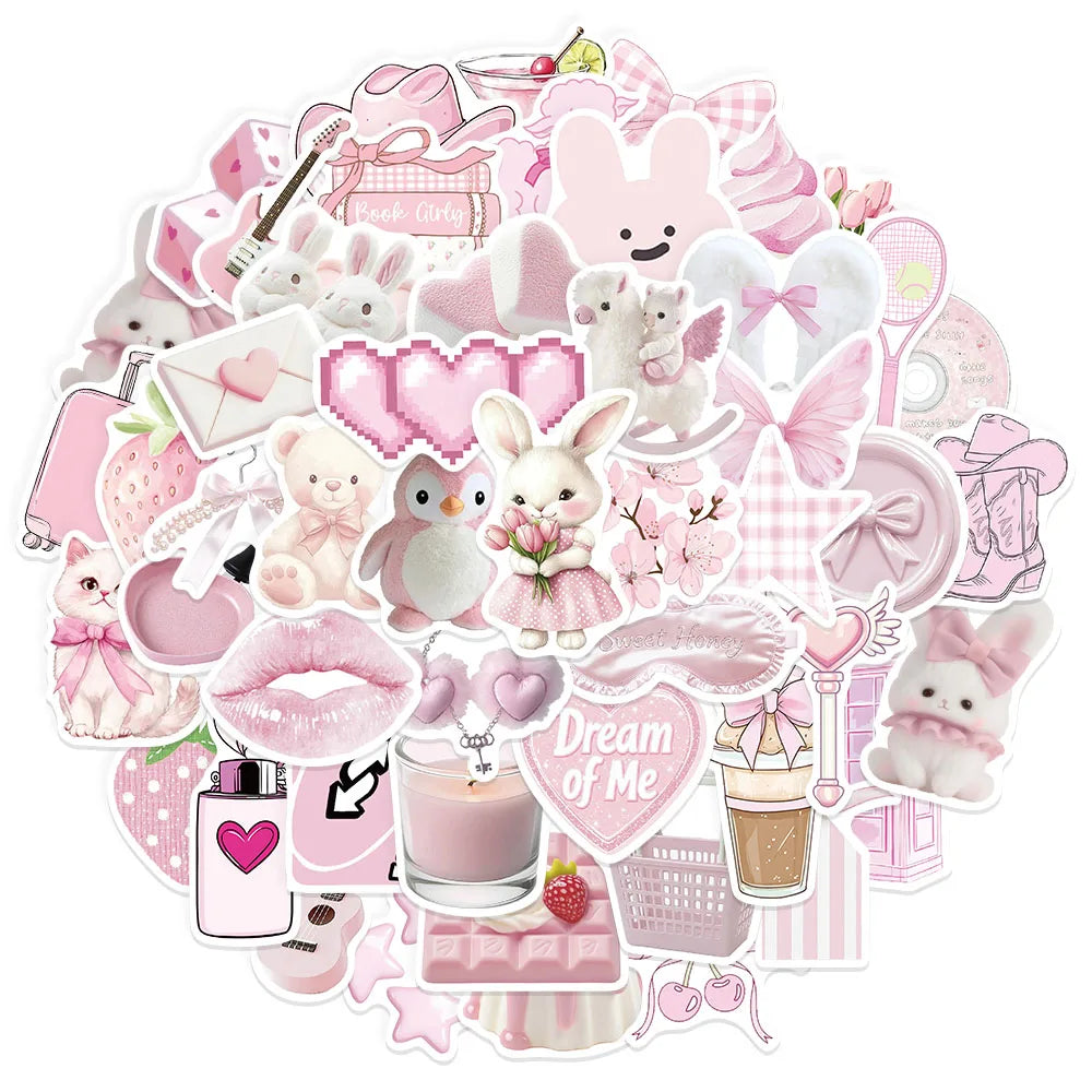 50PCS Pink Cartoon Graffiti Fun Pink DIY Stickers Scrapbook Manual Mobile Luggage Skateboard Waterproof Stickers