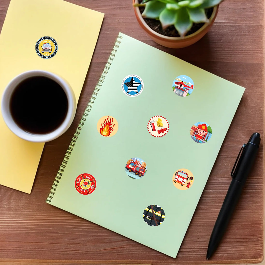 1Roll(500Pcs) Cartoon Fireman Police Stickers 16 Designs Decals Kids Teacher Reward Labels School Supplies Various Gift Package