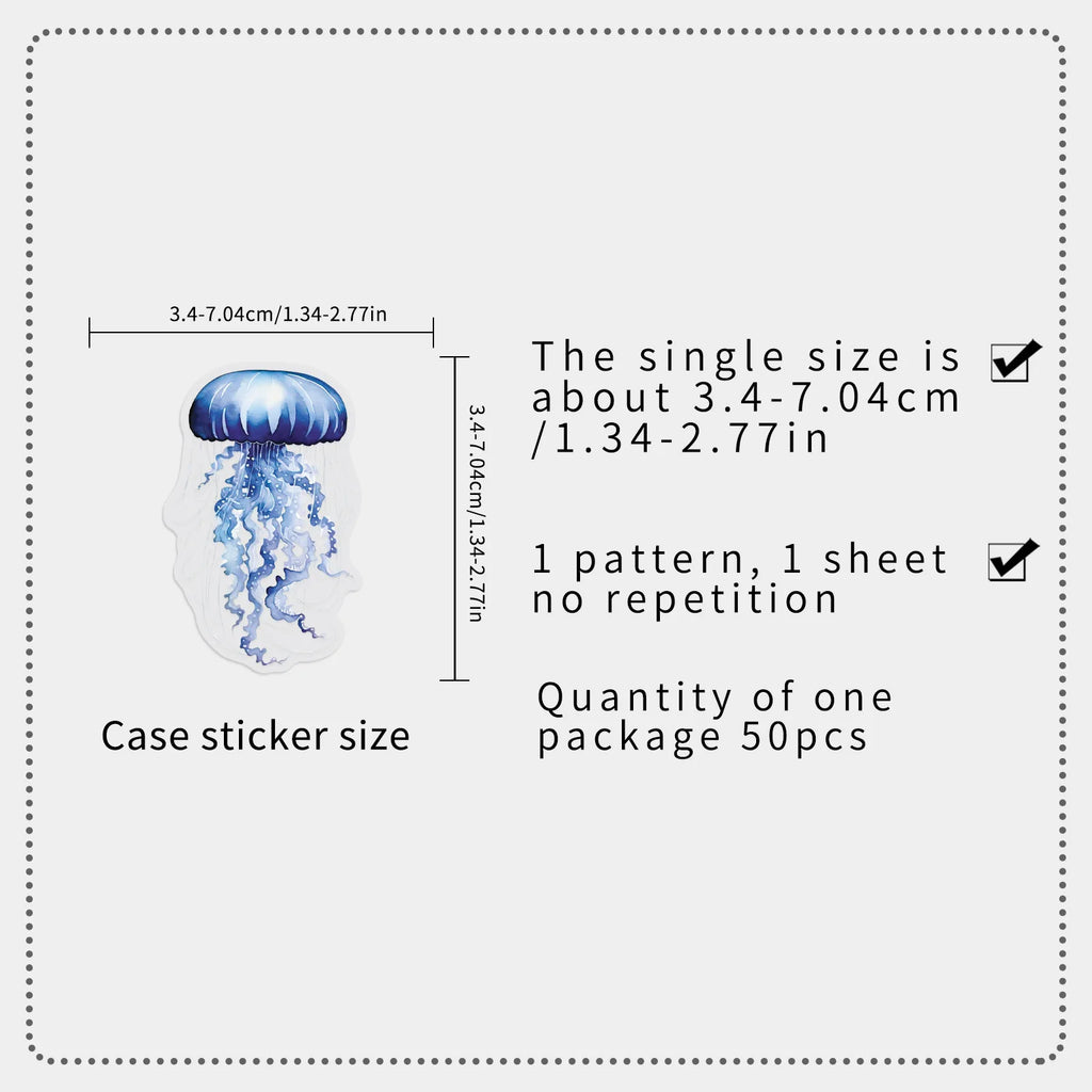 50PCS Cartoon Jellyfish Ocean Stickers, Clear PET Decals for Notebook Stationery Guitar Fridge Book Desk Decor