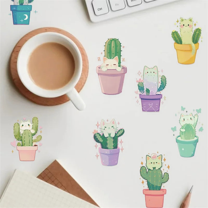 50PCS Kawaii Cactus Cat PET Phone Sticker Aesthetic Tear Open Decoration DIY Colored Laptop Luggage Graffiti Decals