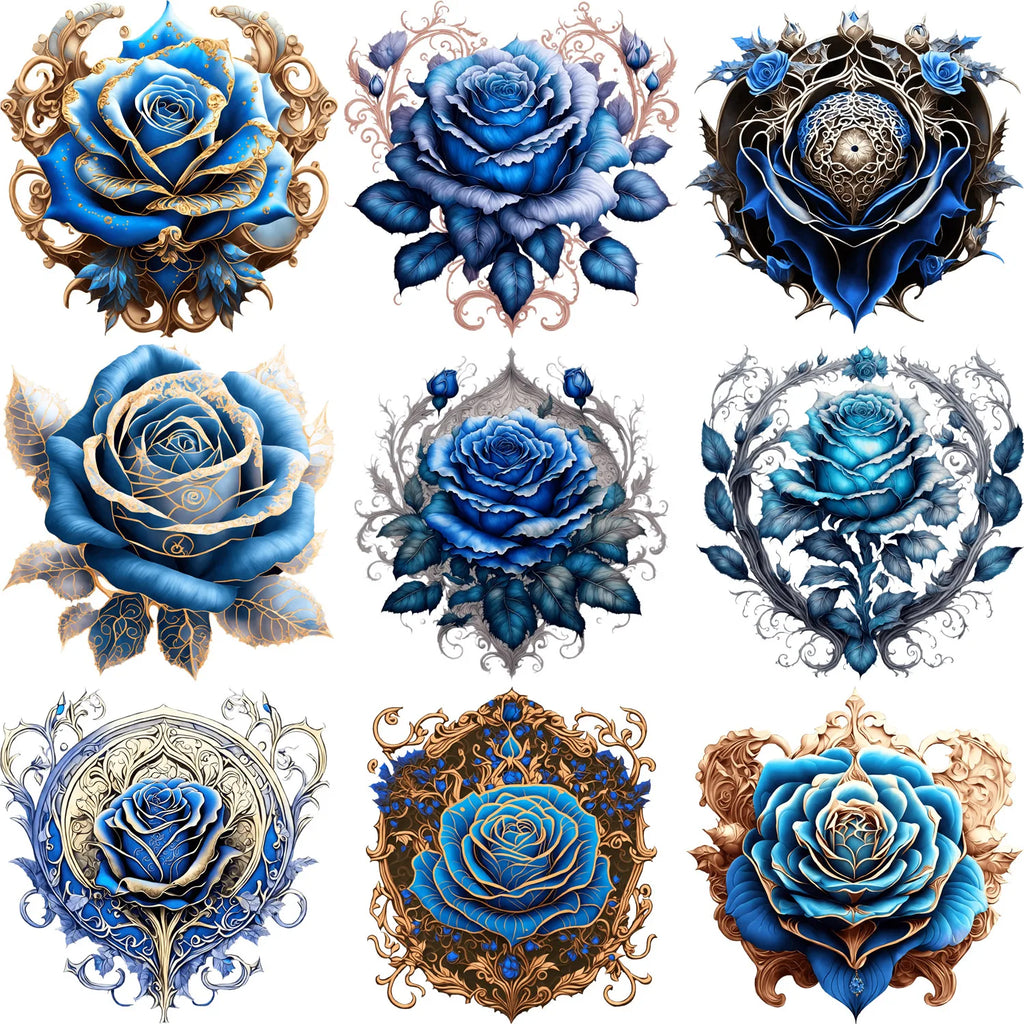 9 Sheets 4 Inch Blue Rose DIY Theme Iron-On Applique Patches Floral Theme Heat Transfer DIY Clothing, T-shirts, Masks, Jeans