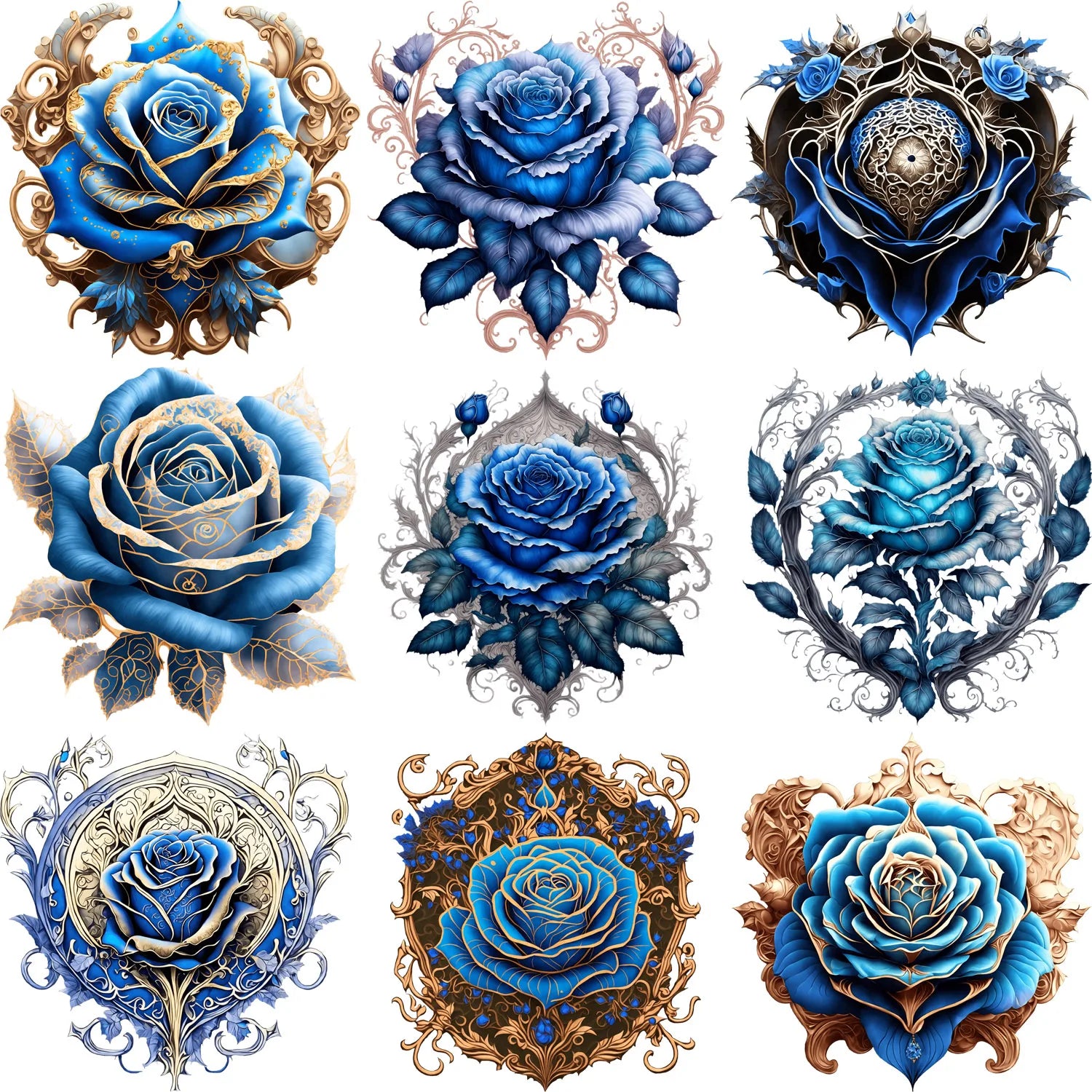 9 Sheets 4 Inch Blue Rose DIY Theme Iron-On Applique Patches Floral Theme Heat Transfer DIY Clothing, T-shirts, Masks, Jeans