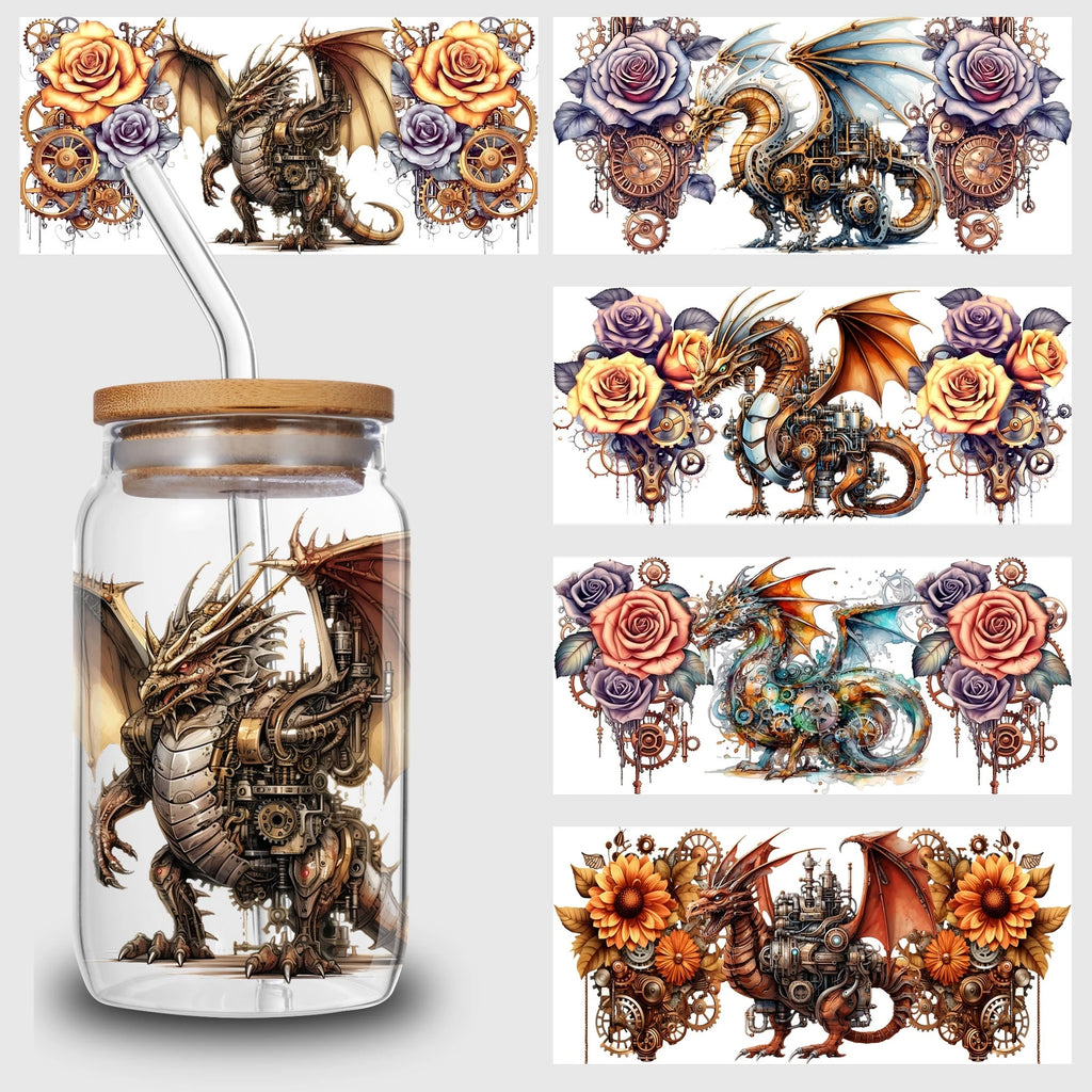 5 sheets Steampunk UV DTF Cup Stickers, DTF Friction Transfer Stickers, Waterproof Cartoon Transfer Stickers for 16oz Glass Cups
