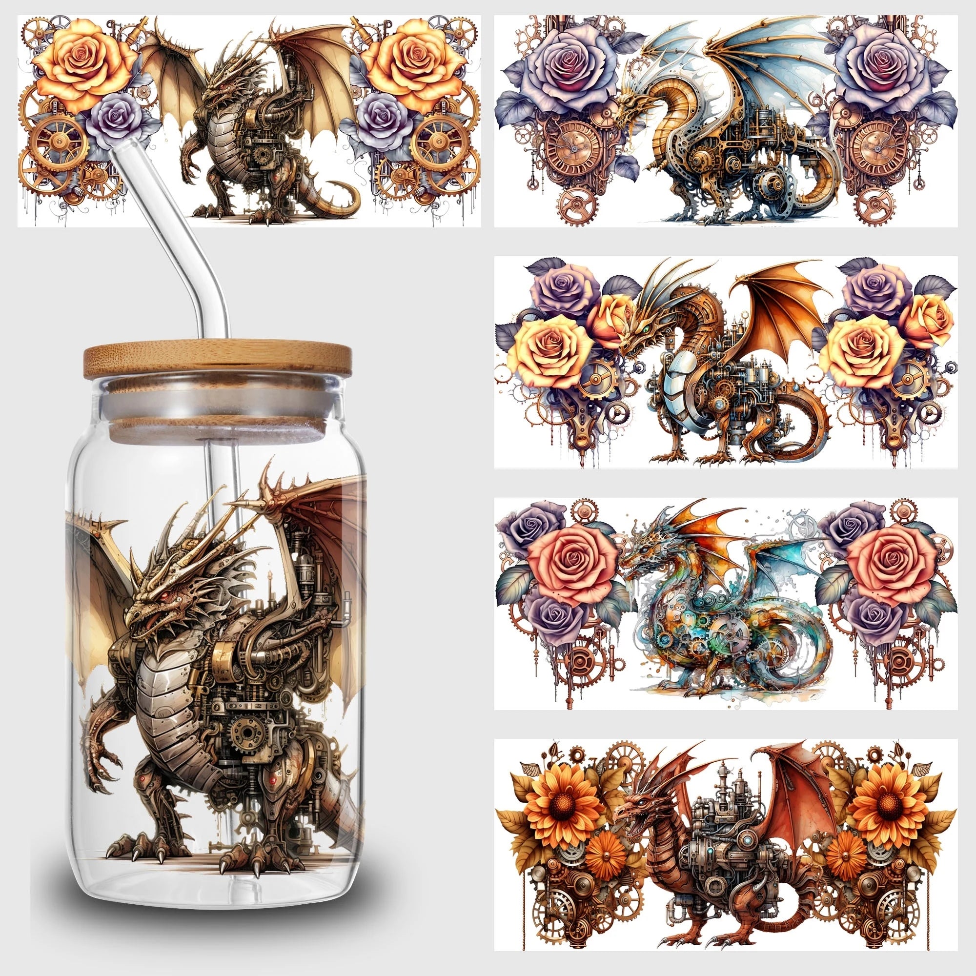 5 sheets Steampunk UV DTF Cup Stickers, DTF Friction Transfer Stickers, Waterproof Cartoon Transfer Stickers for 16oz Glass Cups