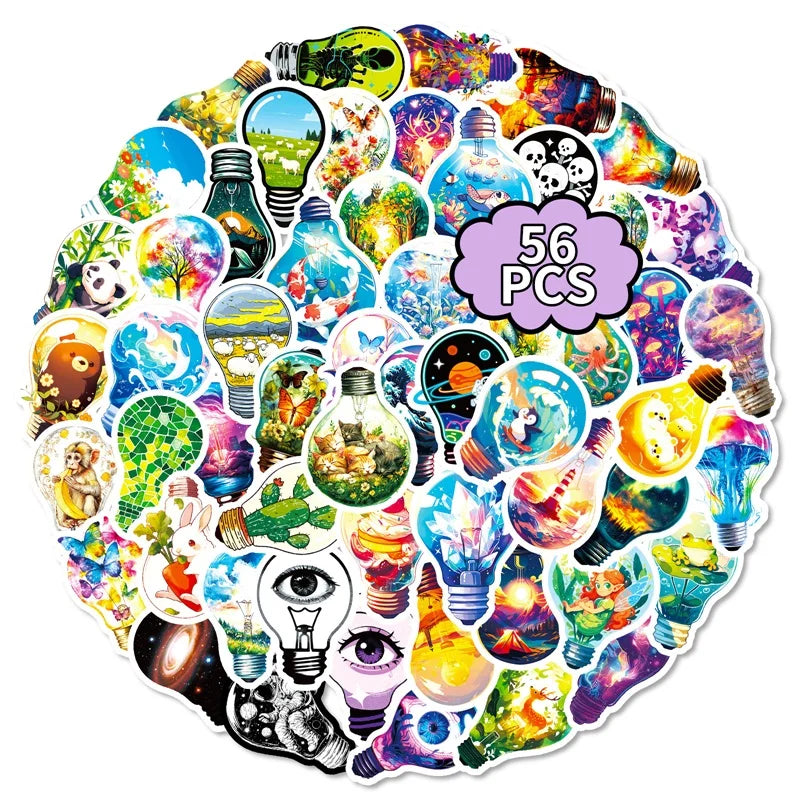 10/30/56PCS Cartoon Light Bulb World PVC Sticky Stickers Aesthetic DIY Colored Phone Laptop Luggage Skateboard Graffiti Decals