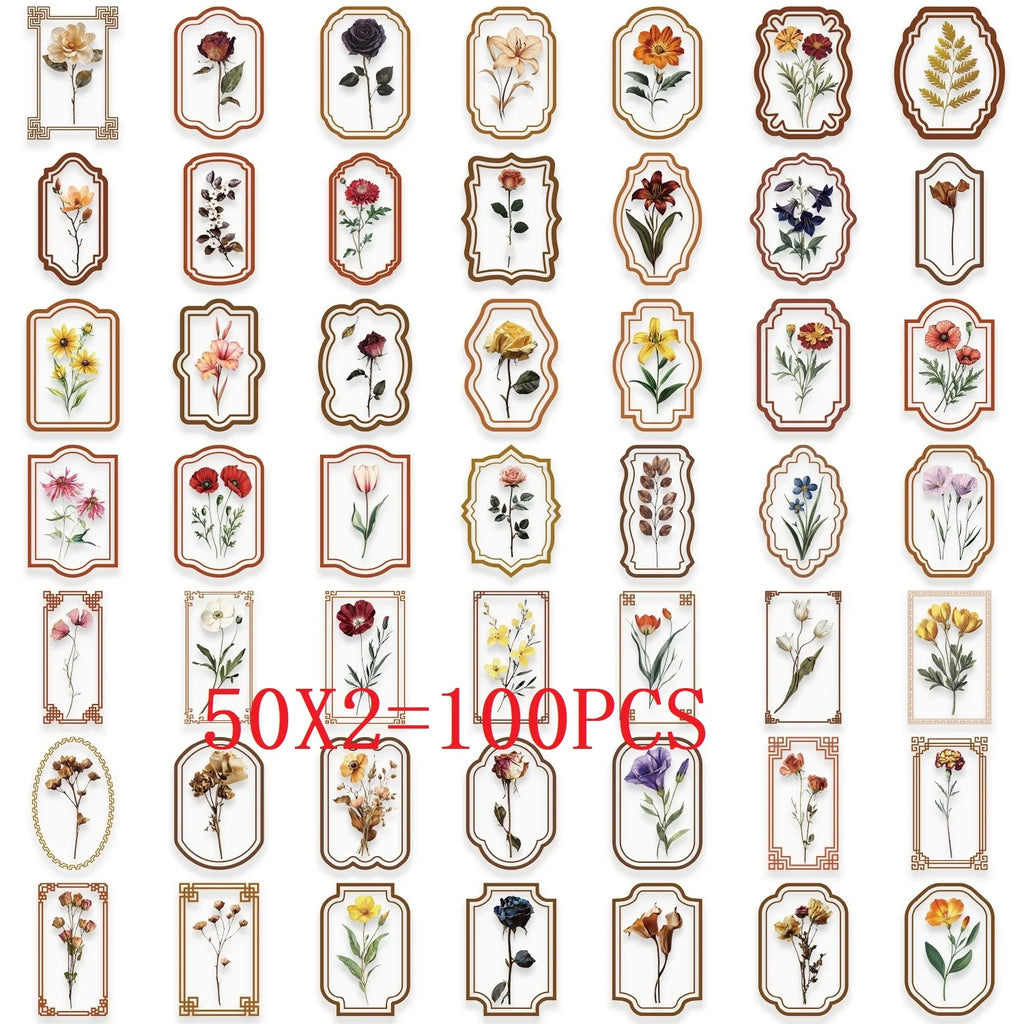 50/100PCS Retro Plant Sticker Pack Waterproof Transparent PET Stationery Box Pen Holder Glass Decor Guitar Notebook Stickers