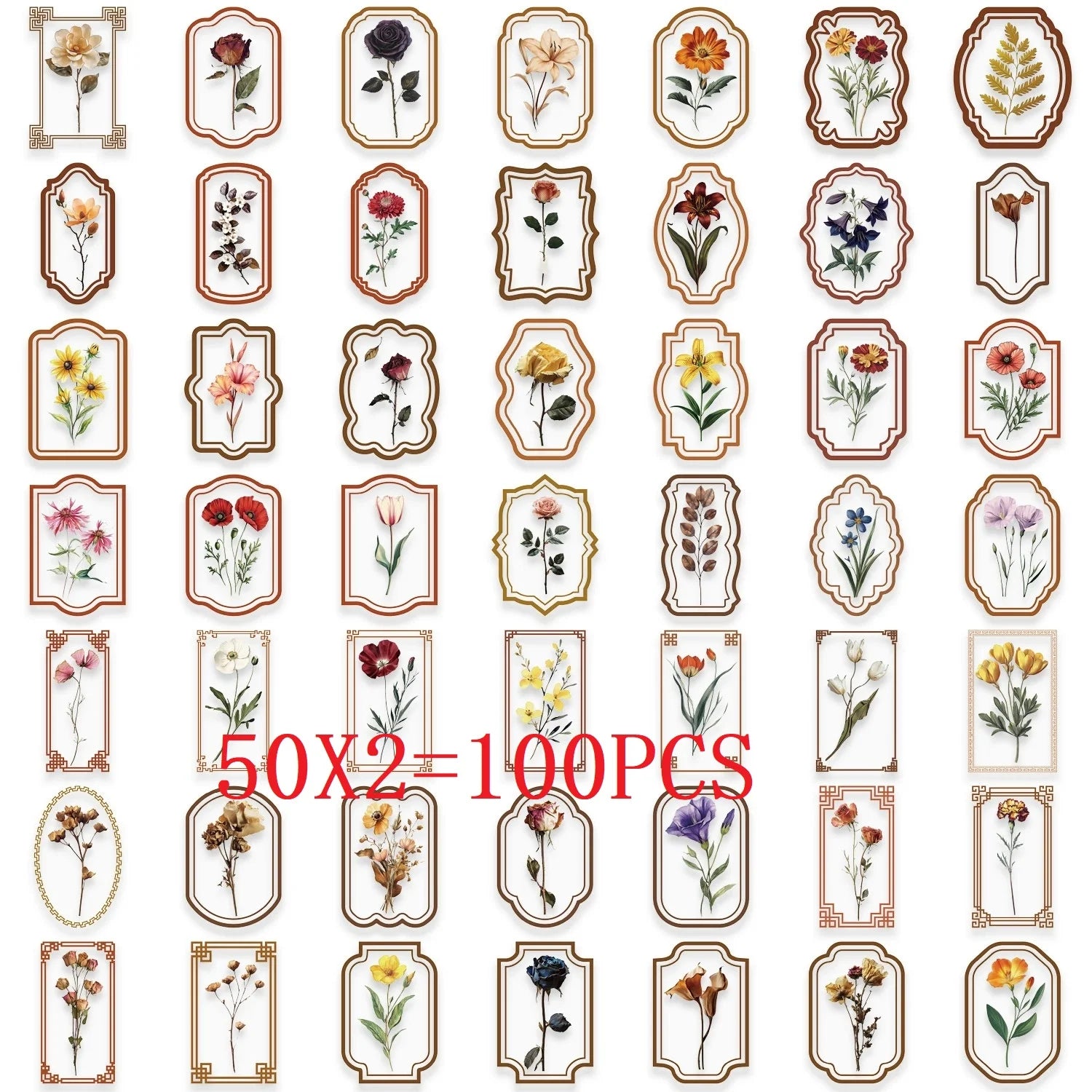 50/100PCS Retro Plant Sticker Pack Waterproof Transparent PET Stationery Box Pen Holder Glass Decor Guitar Notebook Stickers