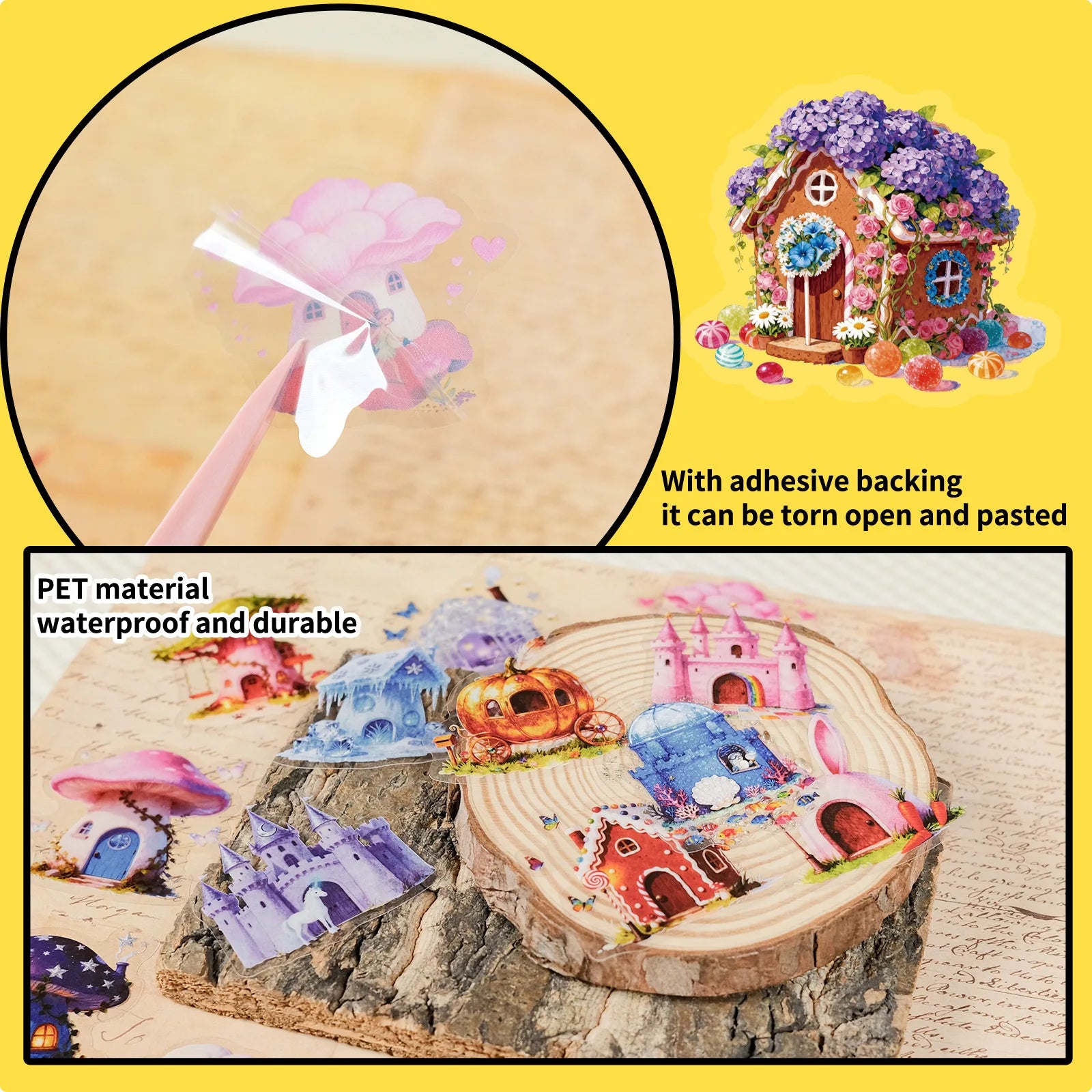 56/112Pcs Fairytale Colorful Mushroom House Castle Stickers, Clear PET Decals for Stationery Notebook Fridge Luggage Guitar