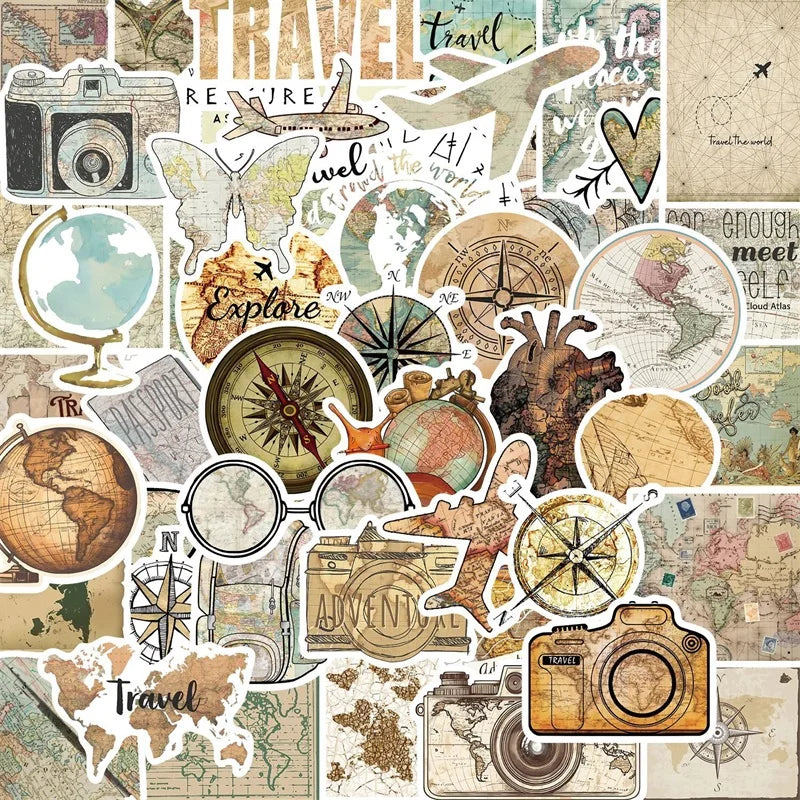 10/30/50PCS Vintage Tourist Map PVC Sticky Sticker Aesthetic Children's Stationery DIY Decoration Scrapbooking School Supplies