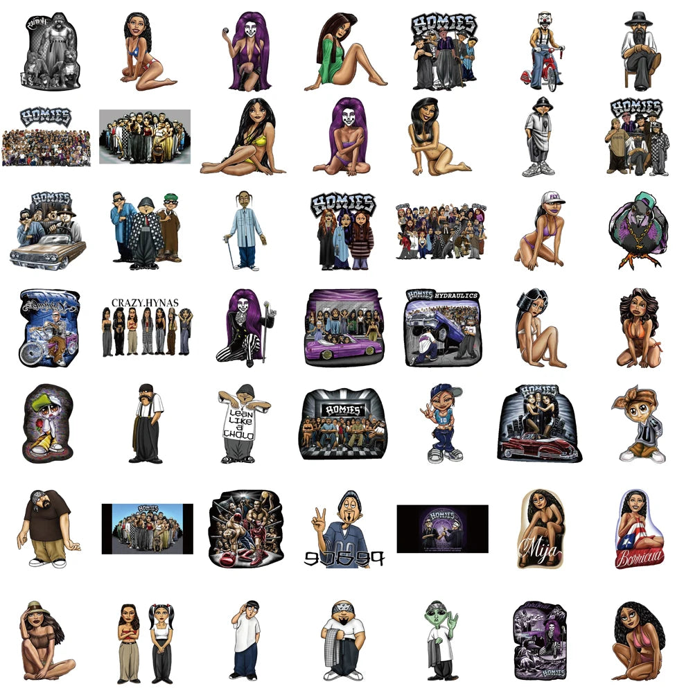 50PCS Black Homies Stickers Harajuku Aesthetic Waterproof Decal Skateboard Scrapbook Cartoon for Laptop Luggage Bike Gifts Decal