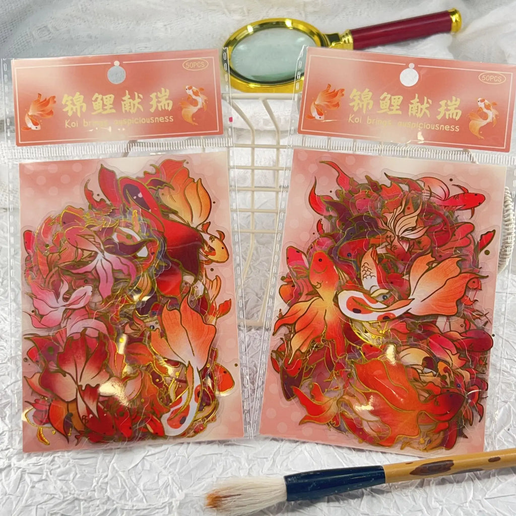 50/100 Pcs Exquisite Cartoon Gold Foil Koi PET Clear Waterproof Stickers for Phone Window Lunch Box Helmet Guitar Piano Laptop