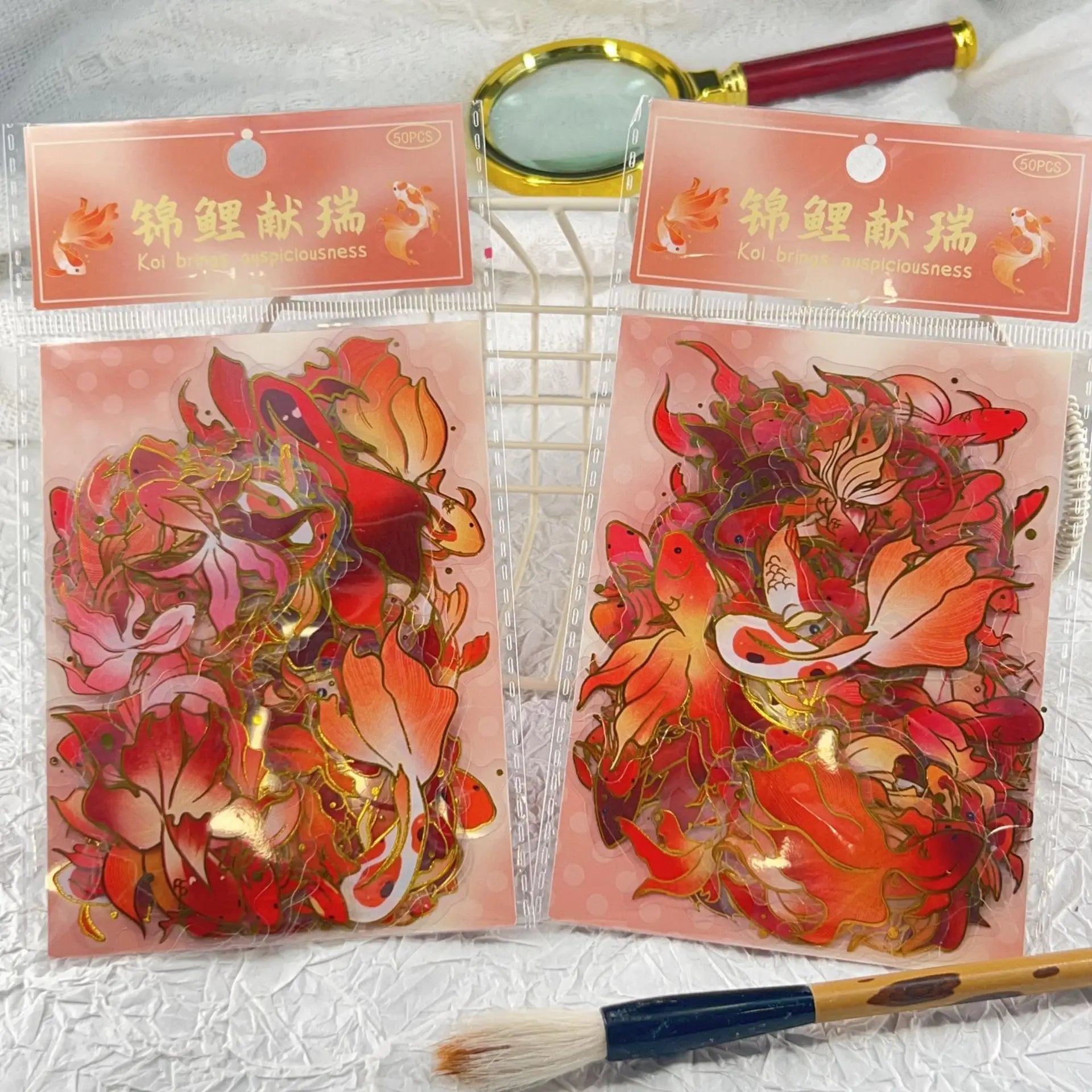 50/100 Pcs Exquisite Cartoon Gold Foil Koi PET Clear Waterproof Stickers for Phone Window Lunch Box Helmet Guitar Piano Laptop