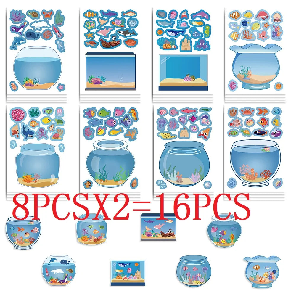 8PCS Creative Fish Tank Puzzle Sticker Toy Handmade DIY Notebook Desktop Creative Decoration Waterproof Sticker